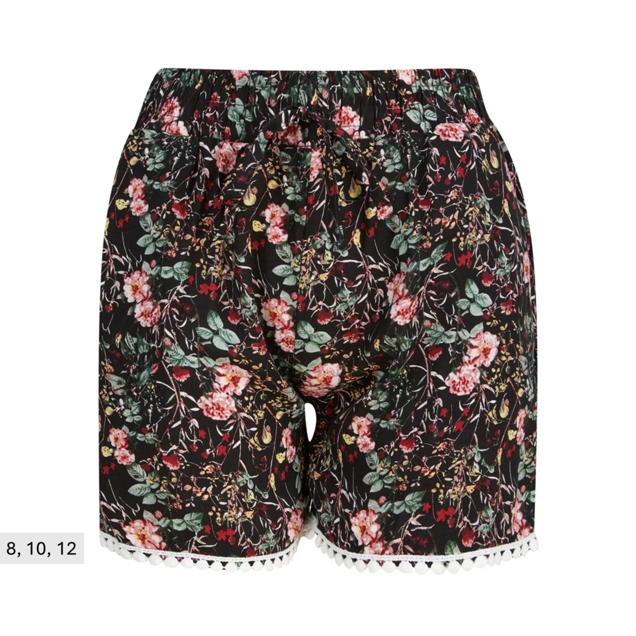 Ladies' black 100% cotton floral print shorts with pink and red flowers, drawstring waist, and pom-pom trim β lightweight casual summer holiday shorts